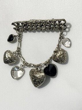 Vintage Silver Tone Charm Bar Brooch Pin with Heart Dangle Charms